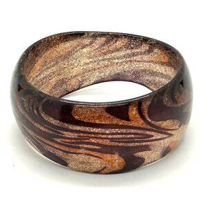 Vintage Lucite Bangle Bracelet Brown Gold Glitter Swirl Glows Under Black Light